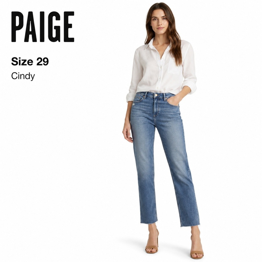 PAIGE Cindy Jeans Womens 29 Medium Blue Wash Straight High Rise Raw Hem Denim